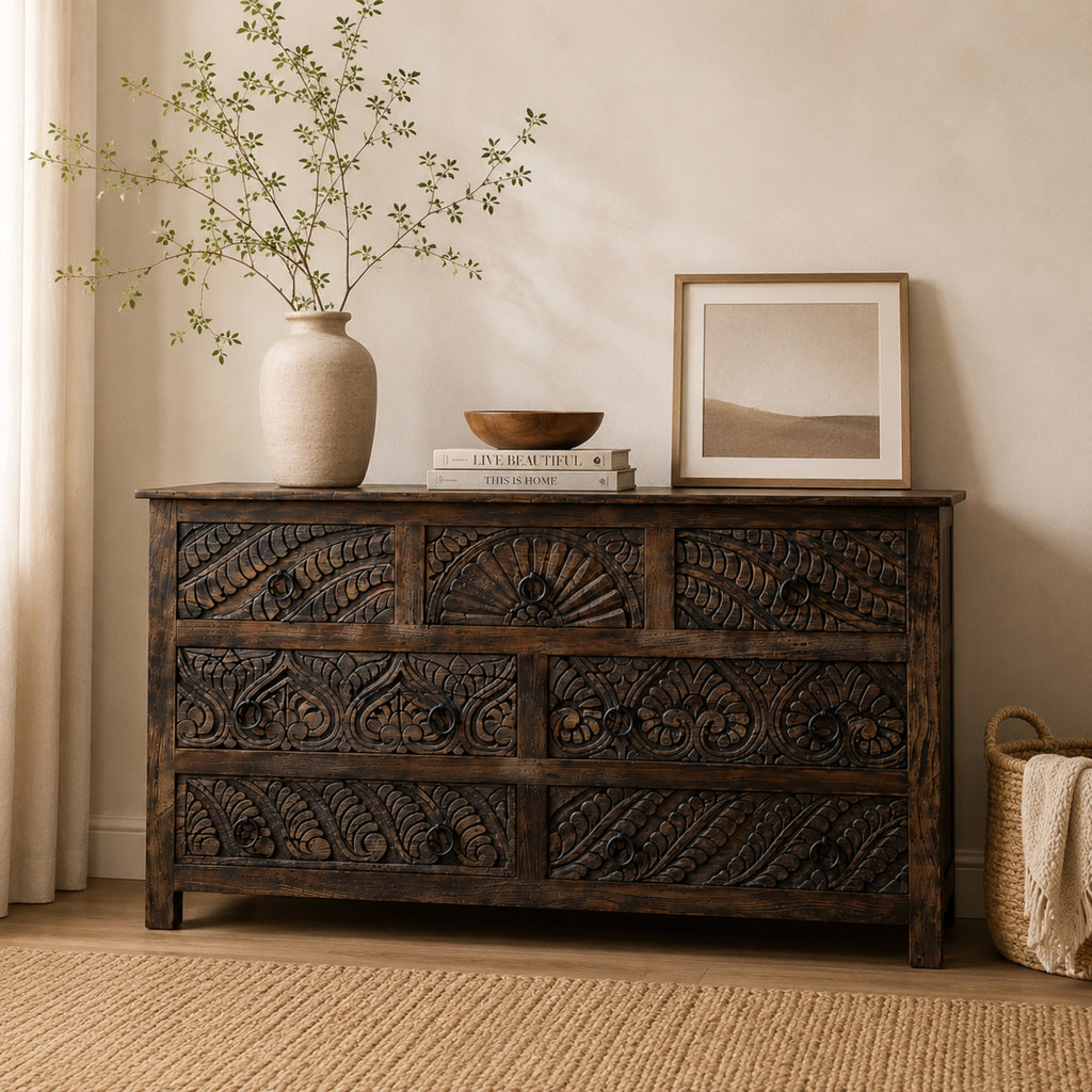Meerabagh Hand Carved Chest of 7 Drawers