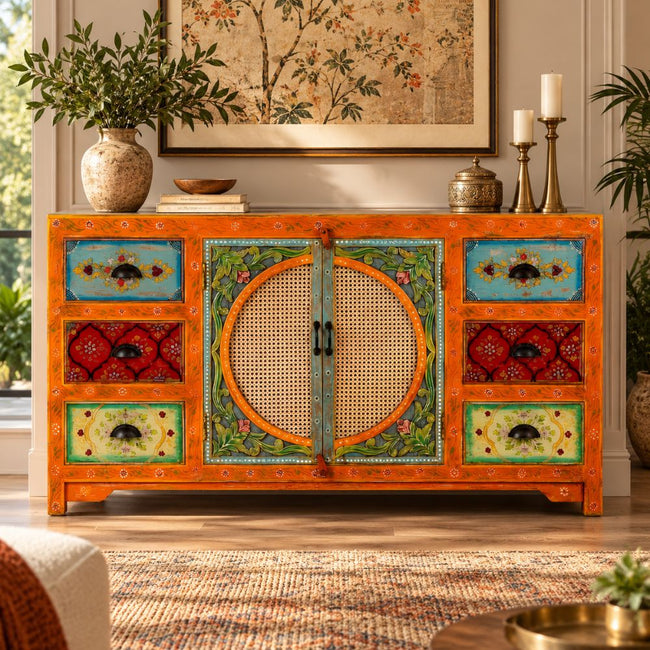 Gulnaar Solid Wood Sideboard with Cane Doors and Floral Drawers Hover Image