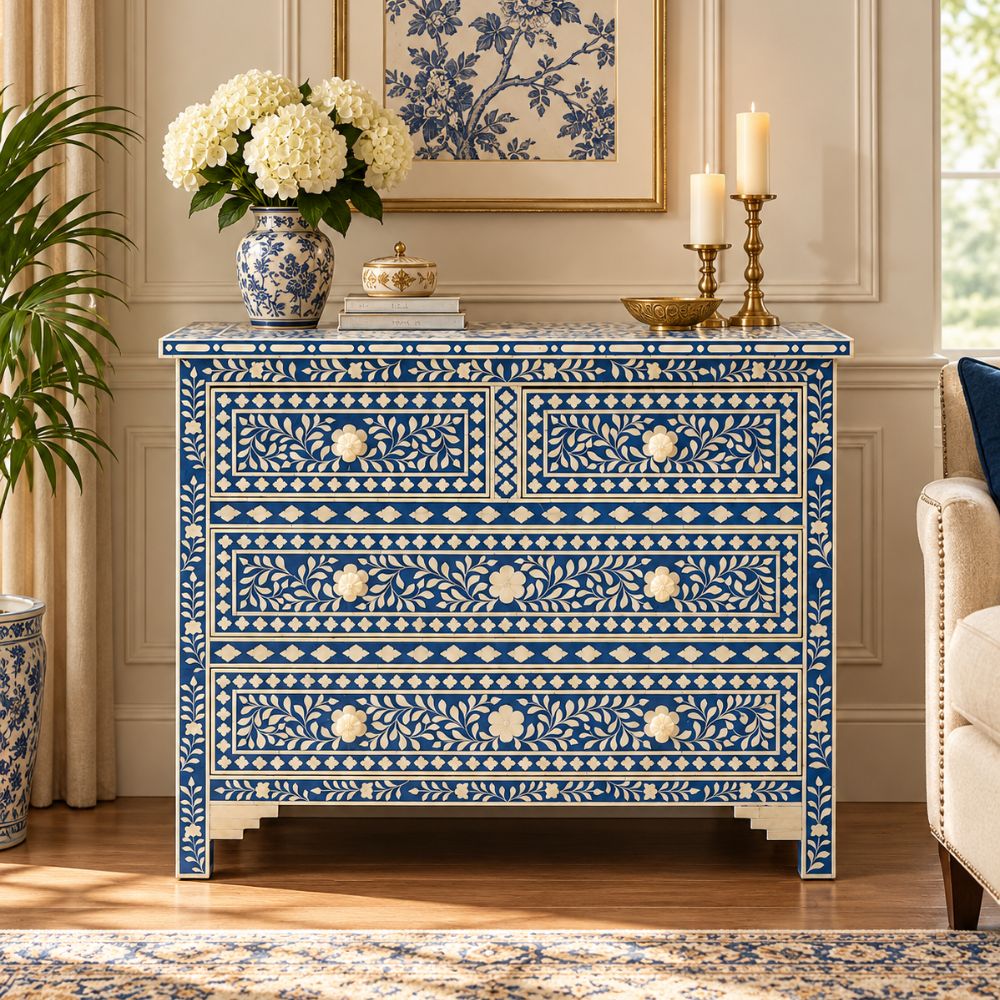 Ranibagh Navy Blue & White Floral Bone Inlay Cabinet