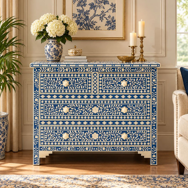 Ranibagh Navy Blue & White Floral Bone Inlay Cabinet Hover Image