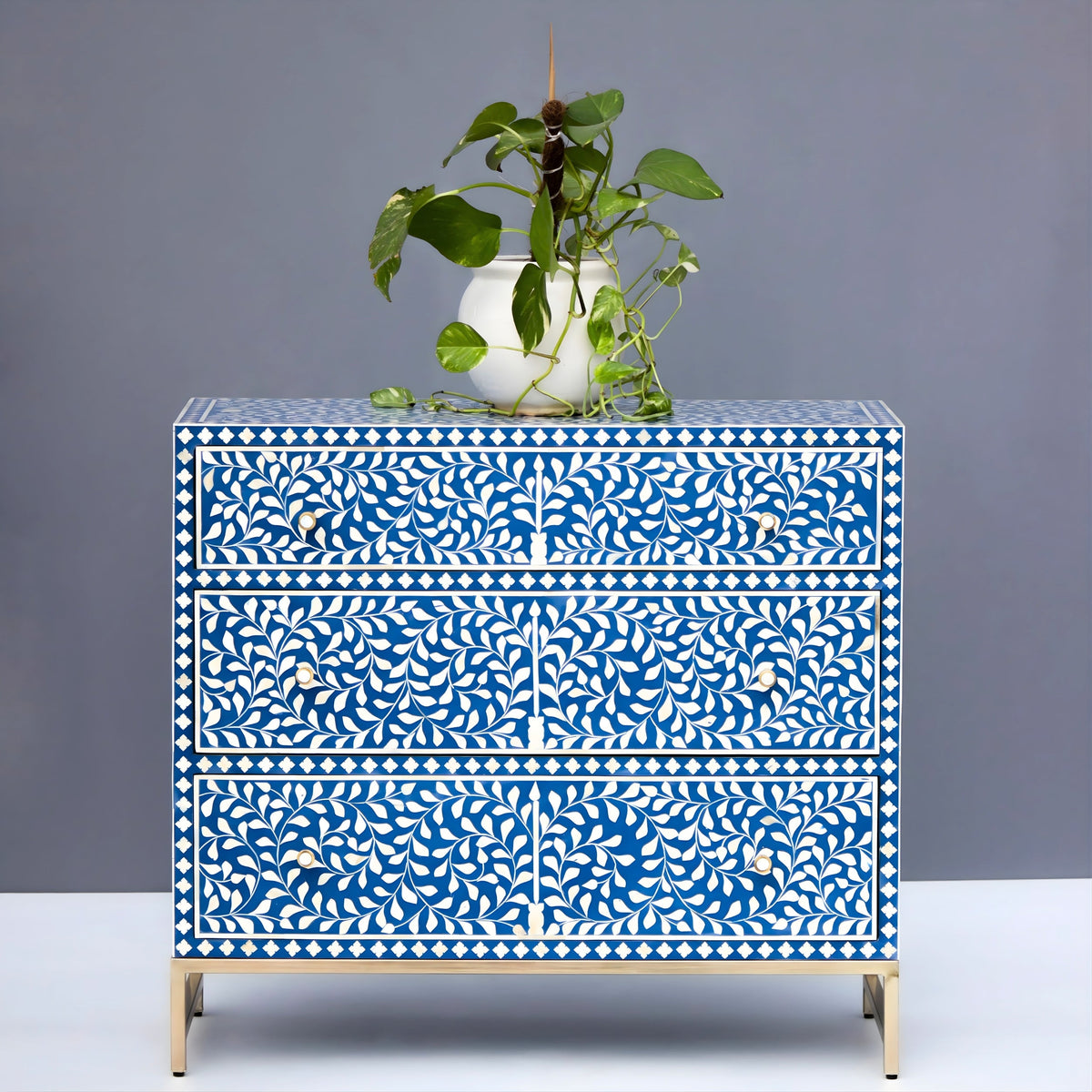Mewarika Blue & White Bone Inlay Chest 6 Drawer Floral Pattern