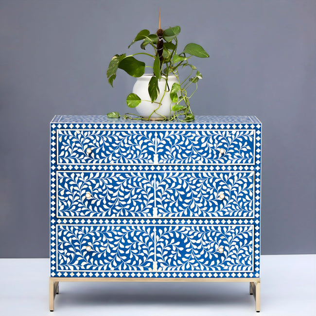 Mewarika Blue & White Bone Inlay Chest 6 Drawer Floral Pattern Main Image