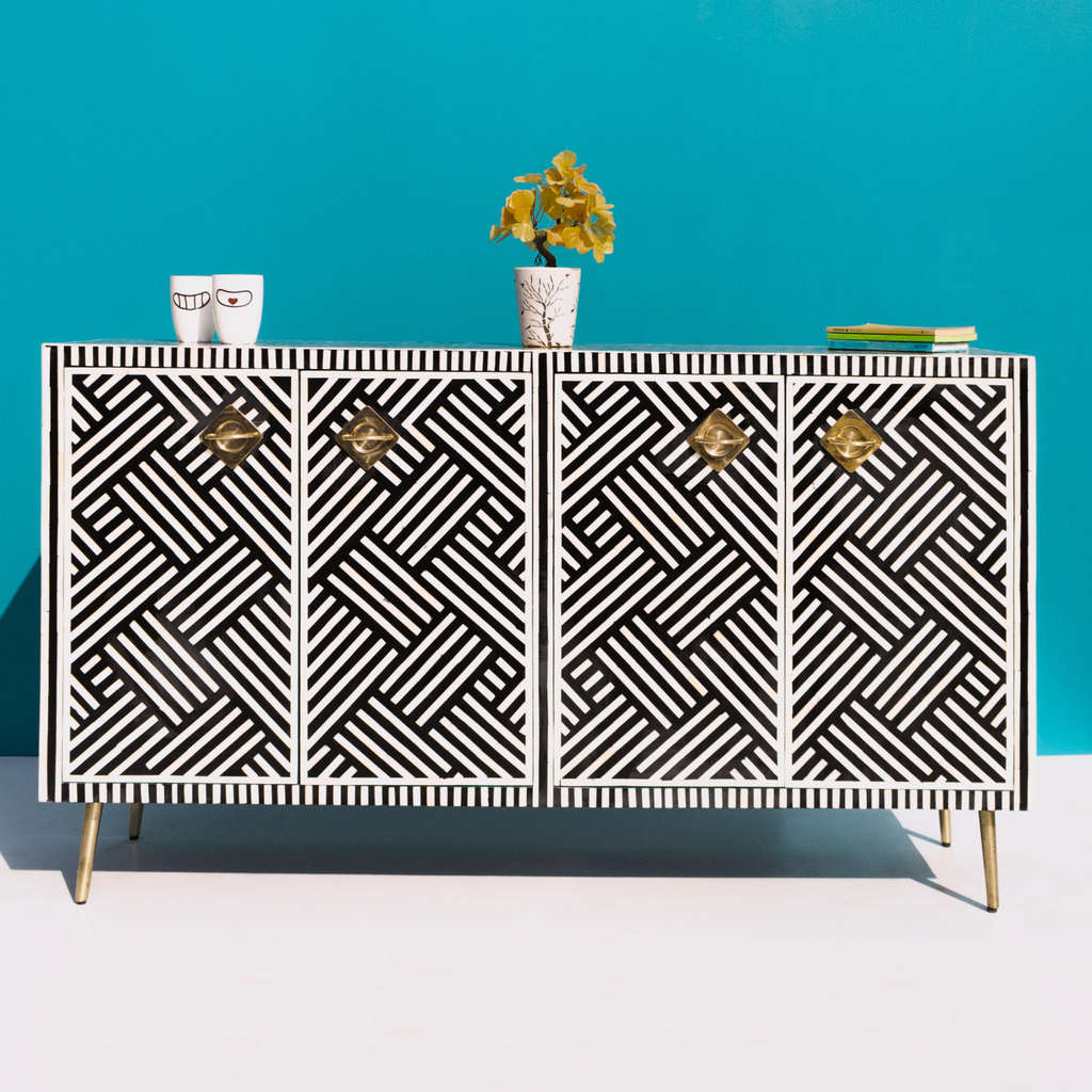 Rangvaan Bone Inlay Sideboard Cabinet with Brass Handles - Handcrafted Storage Unit