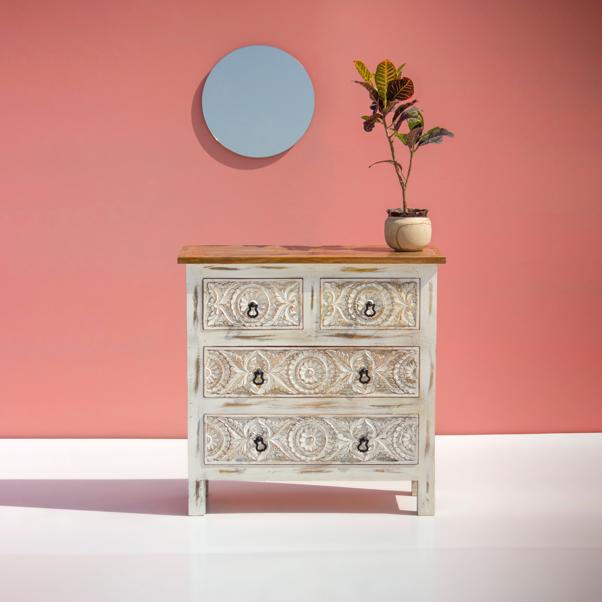 Sheeshmahal Hand-Carved Floral Wooden Chest of Drawers