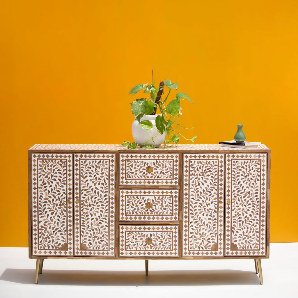 Rooprekha Floral Pattern Wooden Inlay 4-door and 3 drawers cabinet