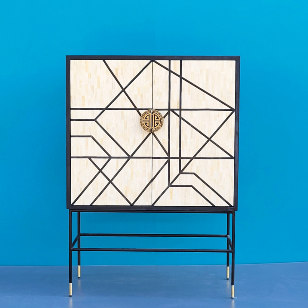 Kashvi Black & White Bone Inlay 2-Door Cabinet – Geometric Design