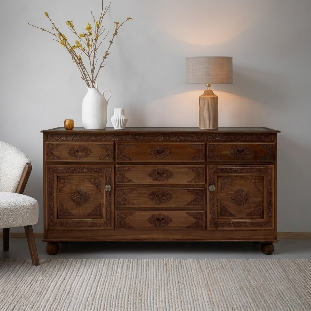 Rajwada Hand-Carved Wooden Sideboard – 6-Drawer & 2-Door Ornate Storage Cabinet