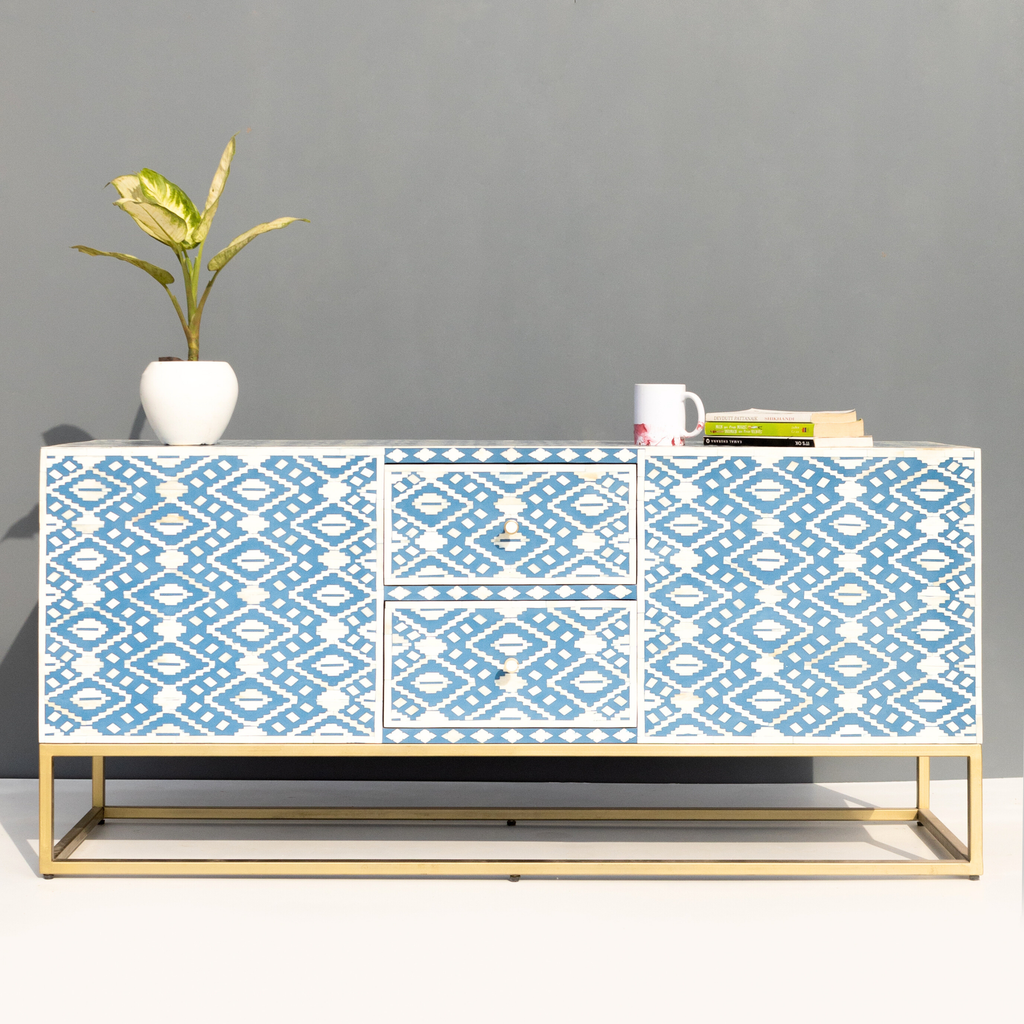 Bone Inlay TV Unit 2 Central Drawers with 2 Side Cabinets Metal Base