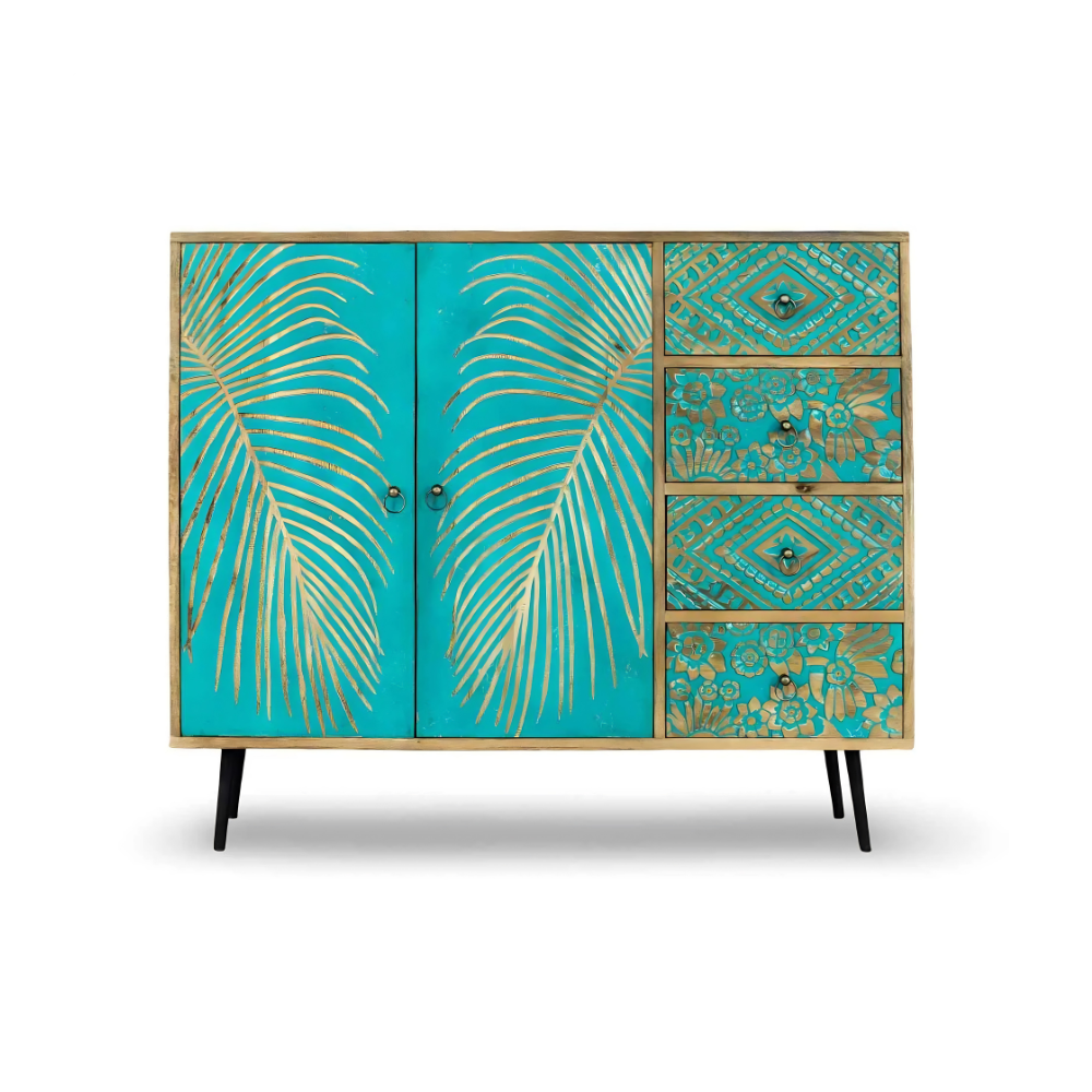 Handcrafted Wooden Carving Chest of Drawers in Natural & Green Finish