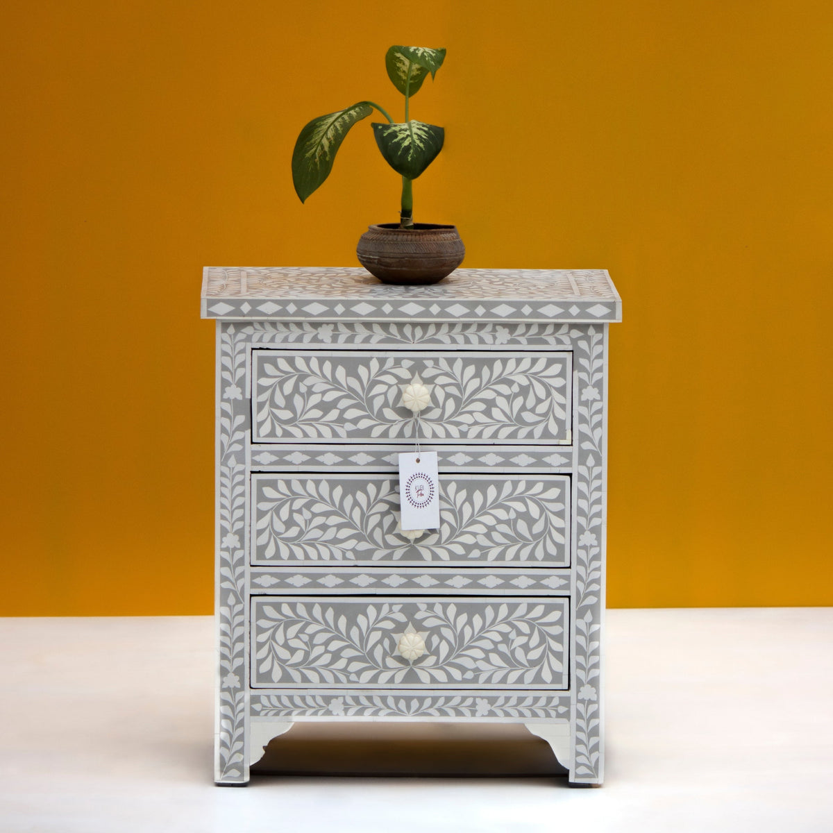Rooh Bone Inlay Grey Floral 2 Drawer Bedside Table