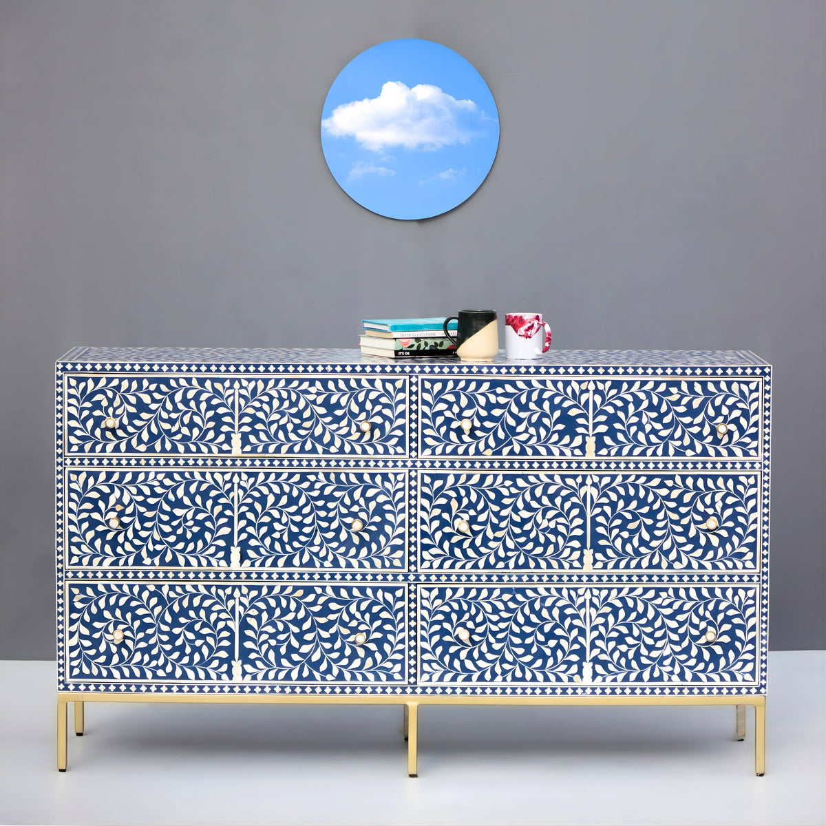 Regal Vine Bone Inlay Sideboard Cabinet - Floral Pattern
