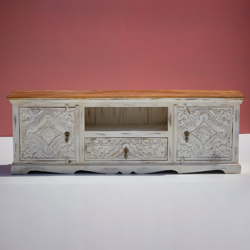 Riwaayat Carved Wood TV Console with Shelves Mandala Pattern