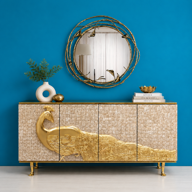 Gulnaar Handmade Brass Golden Peacock Sideboard Hover Image