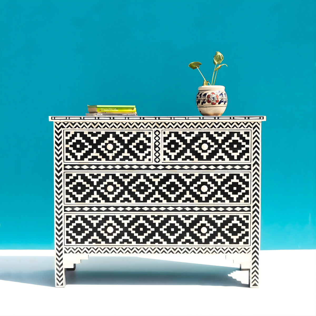 Dwarka Black & White Bone Inlay Chest of Drawers with Geometric Pattern