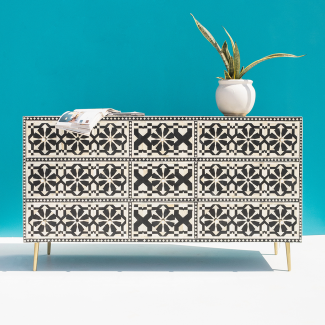 Contemporary Black & White Bone Inlay 6 Drawer Chest with Brass Legs Main Image
