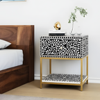Classic Black & White Bone Inlay Bedside Table with Open Shelf