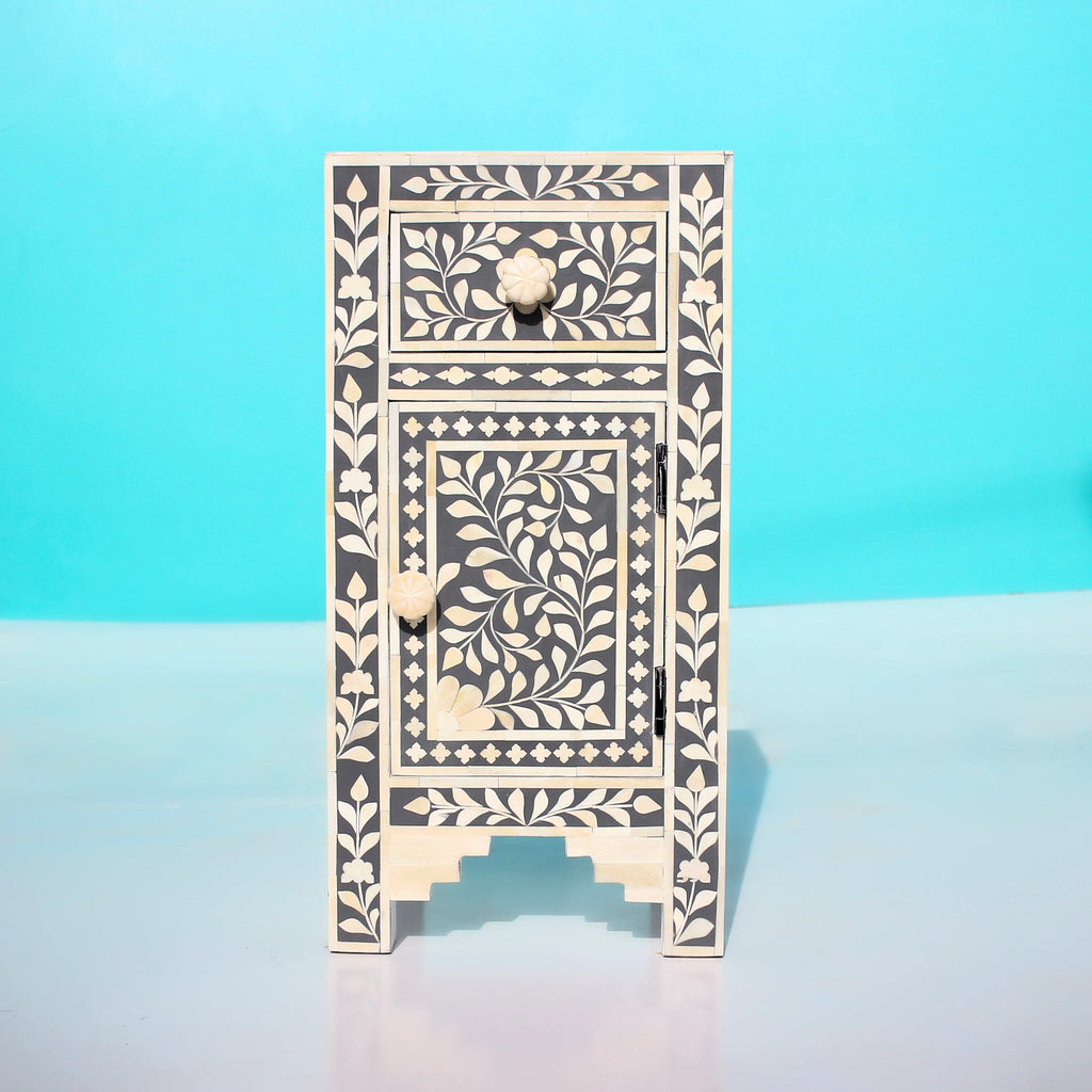 Kundanika Grey & Cream Floral Bone Inlay Bedside Table – Handmade Nightstand