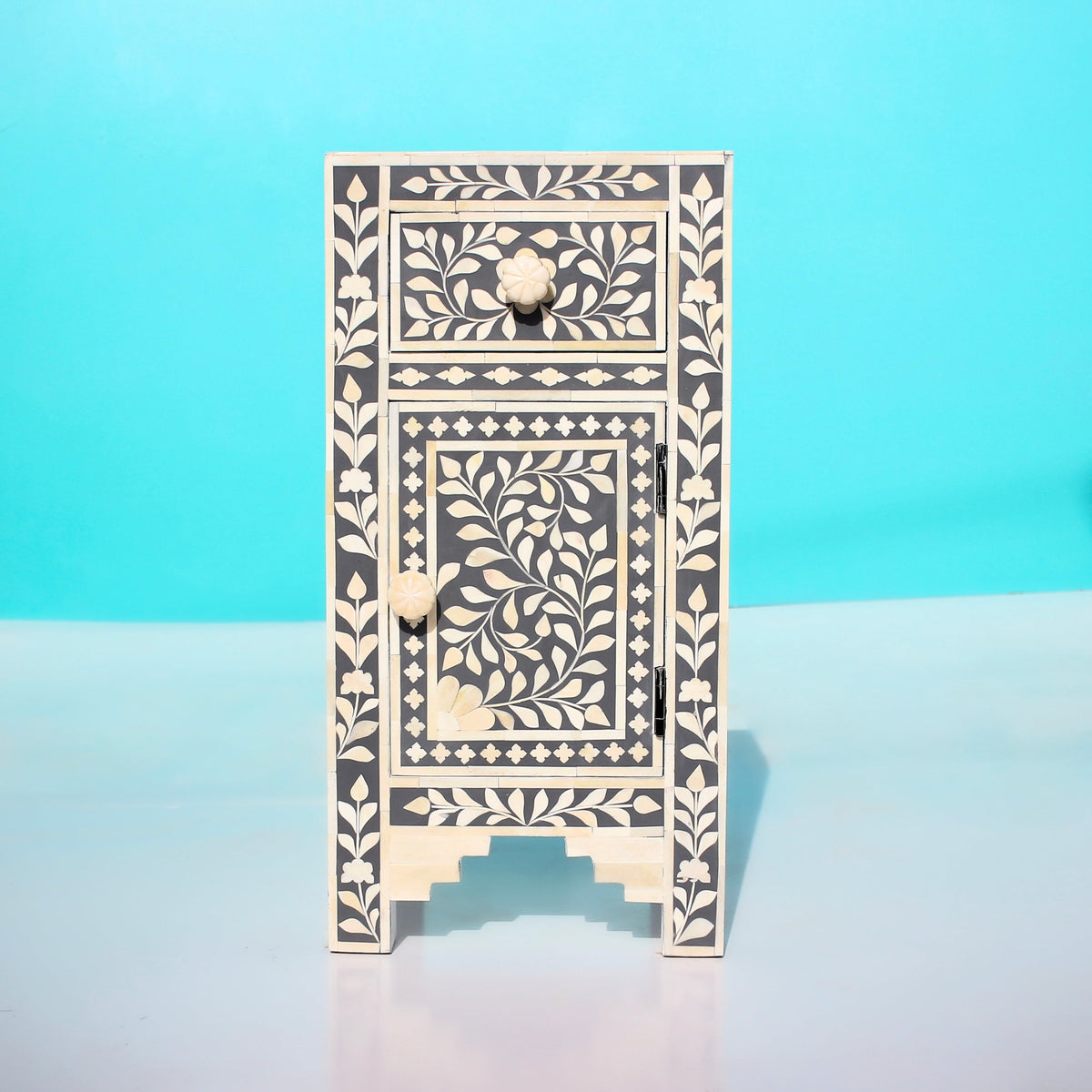 Kundanika Grey & Cream Floral Bone Inlay Bedside Table – Handmade Nightstand
