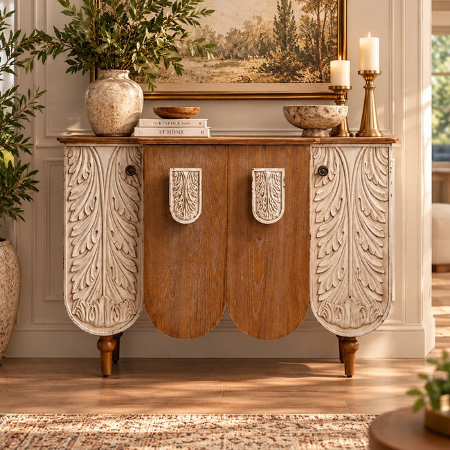 Rajwada Wave Shape Wooden Carving Storage Cabinet with Door Hover Image