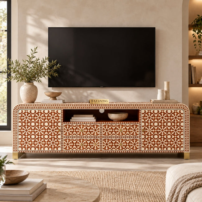 Bone Inlay Orange & White 4-Drawer 2-Door TV Unit Cabinet with Open Shelf Hover Image