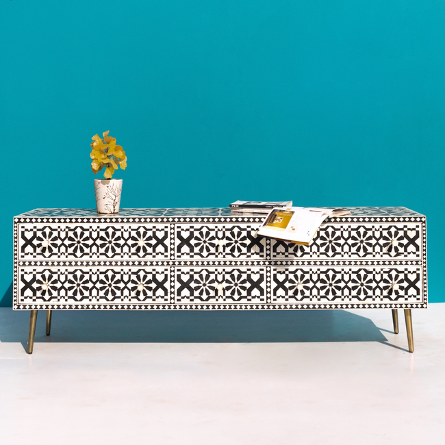 Riwayat Black & White Bone Inlay TV Unit with Drawers Main Image