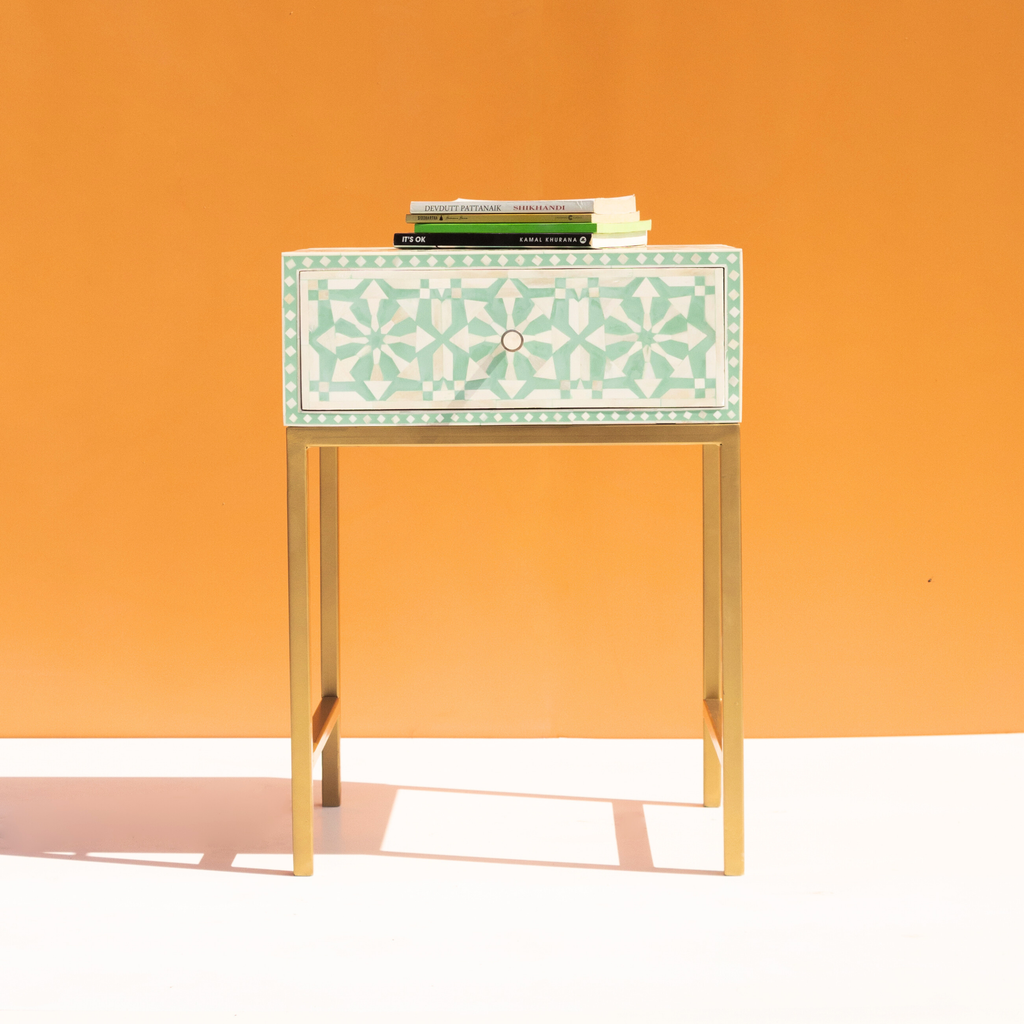 Mint Green Bone Inlay Bed Side Table with Brass Finish Legs