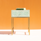 Mint Green Bone Inlay Bed Side Table with Brass Finish Legs