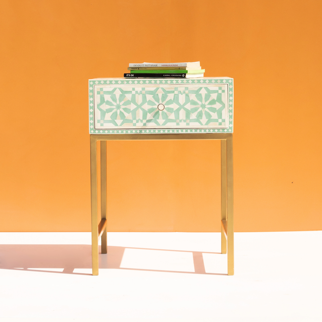 Mint Green Bone Inlay Bed Side Table with Brass Finish Legs Main Image