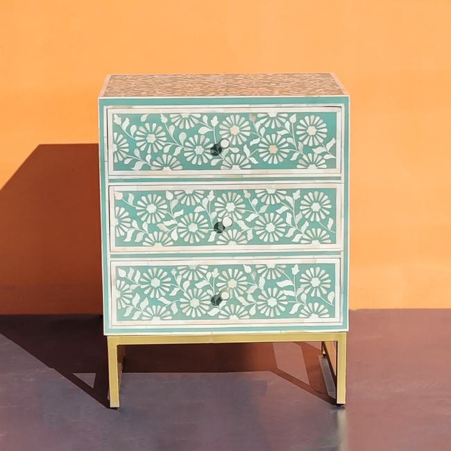 Sheesh Mahal Mint Green Floral Bone Inlay Chest of 3 Drawers Main Image