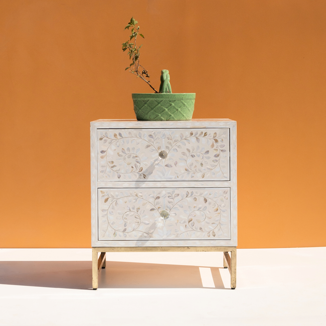 White Mother of Pearl Inlay Bedside Chest with 2 Drawers Main Image