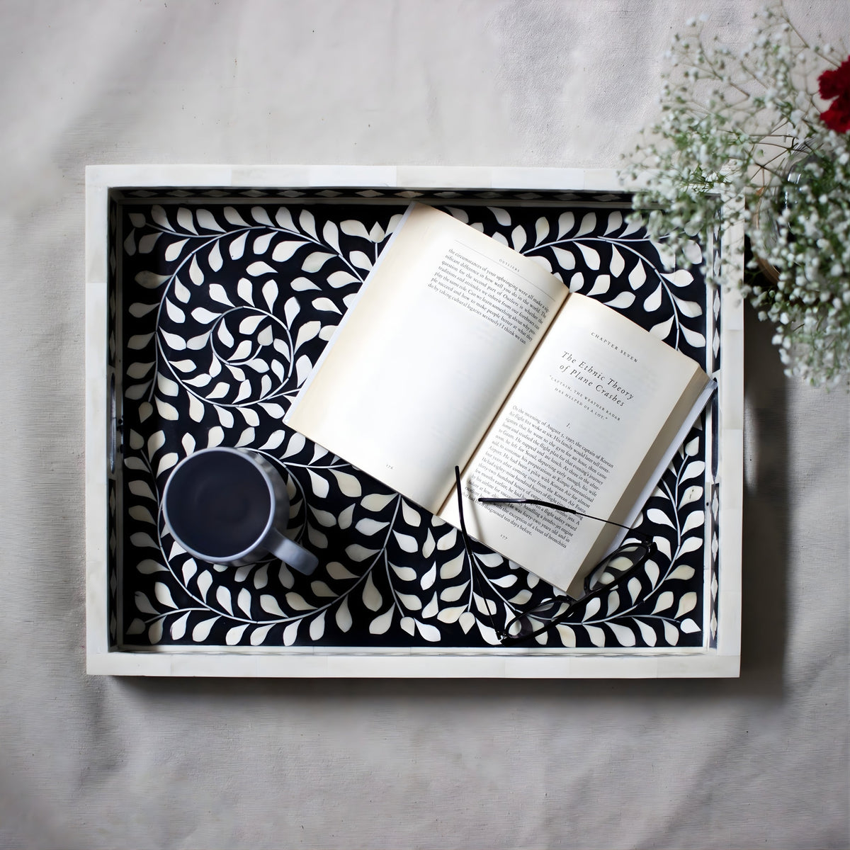 Padharo Handmade Bone Inlay Wooden Modern Floral Pattern Serving Tray