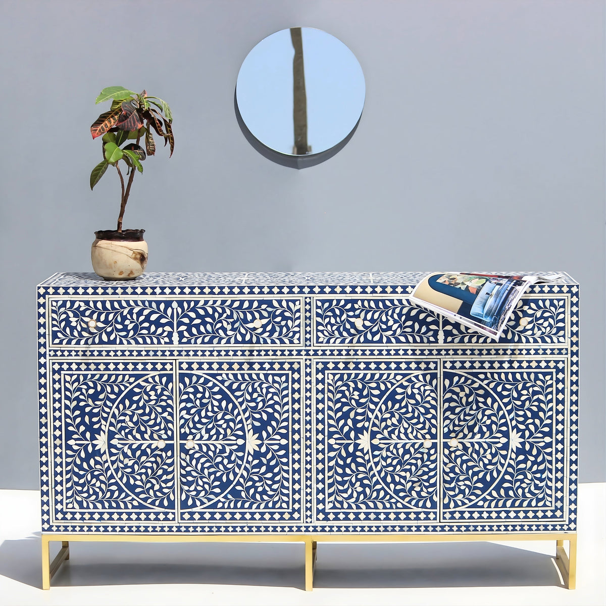 Naqsh Neel Floral Bone Inlay Sideboard with Gold-Finish Stand – 4 Door & 2 Drawer
