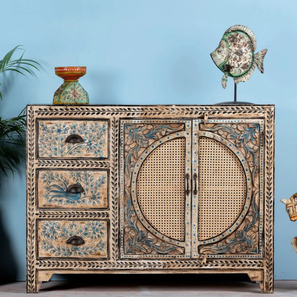 Mandana Handcrafted Bone Inlay & Cane 3-Door Sideboard