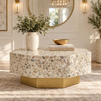 Mother of Pearl Inlay Hexagon Coffee Table – White with Brass Base