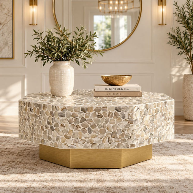 Mother of Pearl Inlay Hexagon Coffee Table – White with Brass Base Hover Image
