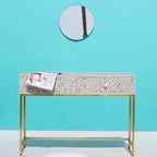 Mehrang Grey Floral Scroll Bone Inlay Console Table with Brass-Finish Frame – 2 Drawer