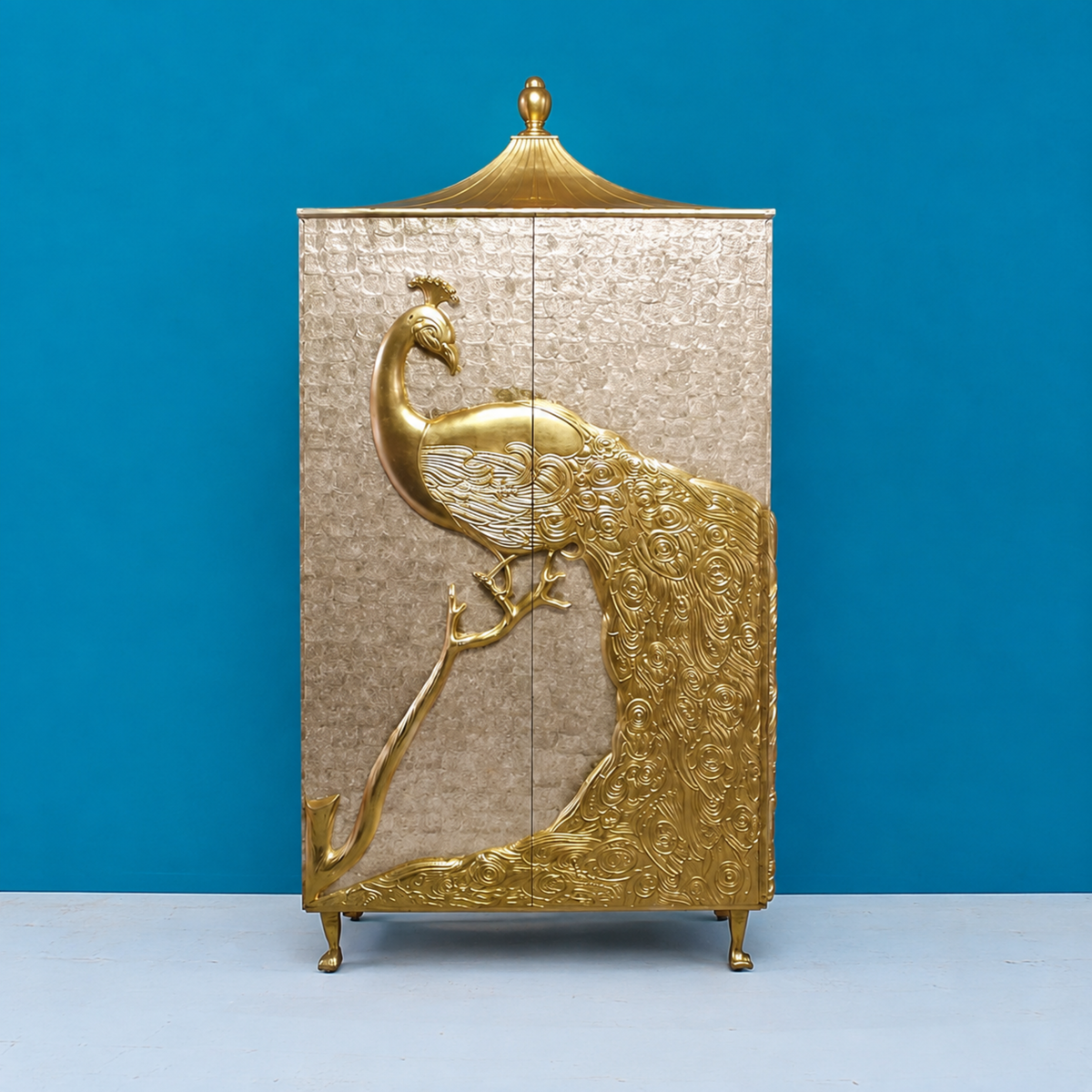 Virasat Handmade Brass Golden Peacock Wardrobe