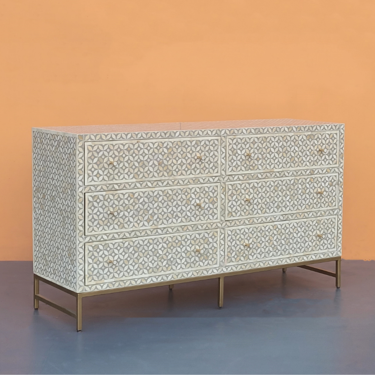 Raj Mahal Bone Inlay Chest of 6 Drawers Geometric Pattern Gold-Toned Metal Legs