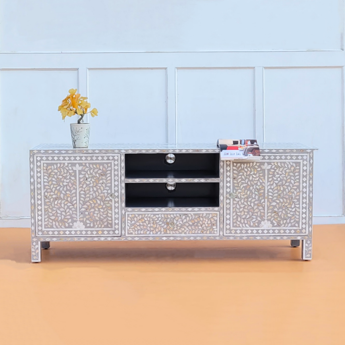 Meher Mother of Pearl inlay 2 Open Shelves and 2 Side Cabinet Media Console