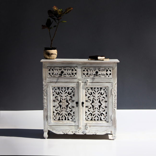Hand-Carved Floral Wooden Cabinet – Distressed White Buffet Main Image