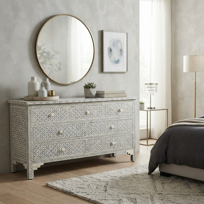 Rajmahal Bone Inlay 7 Drawer Chest of Drawers - Grey Geometric Hover Image