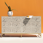 Luxury Grey Bone Inlay Chest of 6 Drawers with Floral Design
