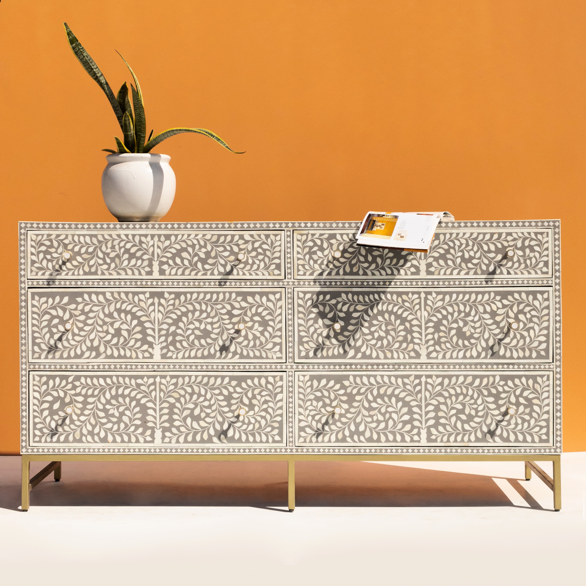 Luxury Grey Bone Inlay Chest of 6 Drawers with Floral Design