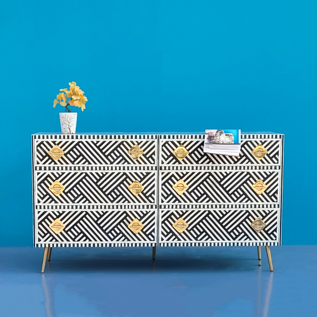 Optical Bone Inlay Chest of 9 Drawers with Metal Handles