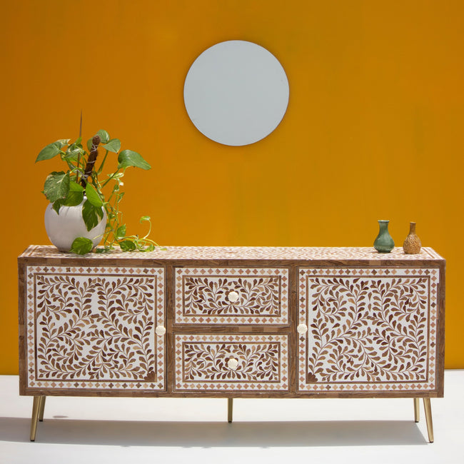 Charbagh Floral Inlay Sideboard – Handcrafted Wooden Storage Cabinet Main Image