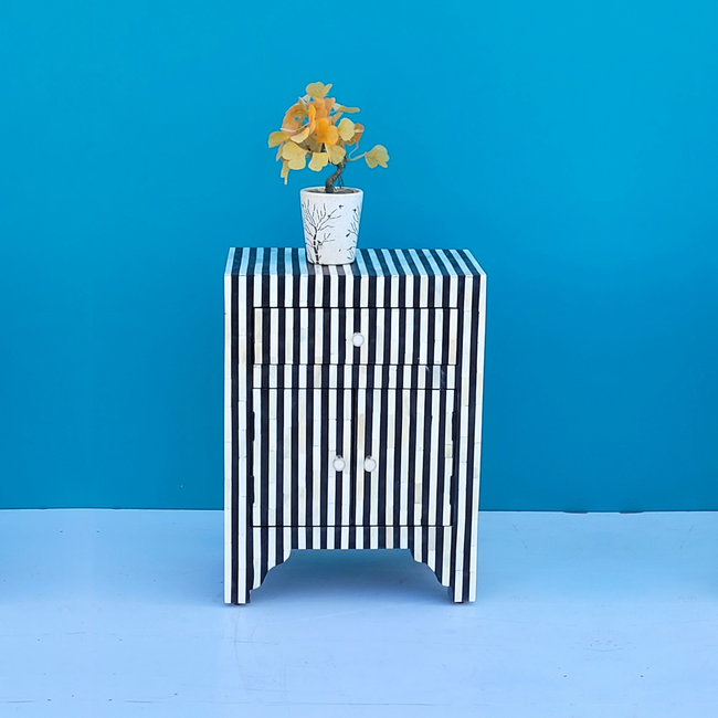 Keshari Black And White Striped Pattern Bone Inlay 2 Drawers Bedside Table Main Image