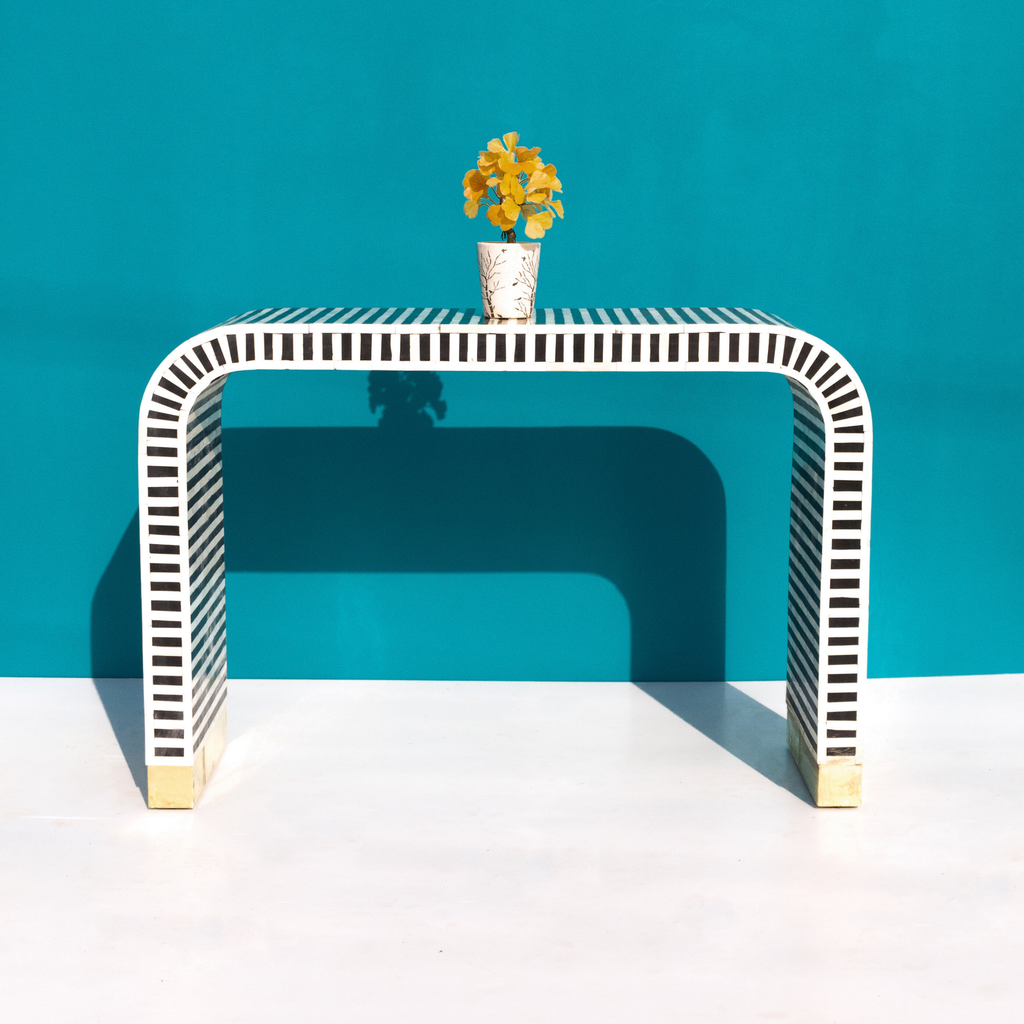 Nakashi Black & White Bone Inlay Console Table with Curved Design