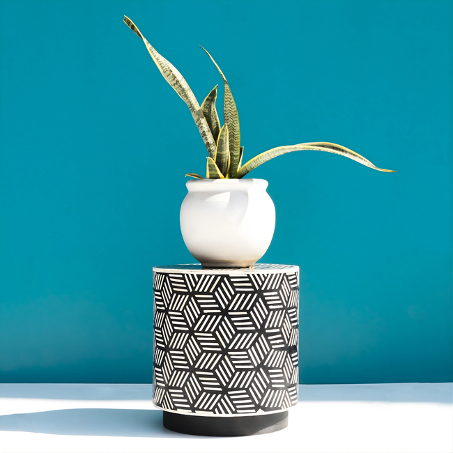 Meenakari Handcrafted Black & White Bone Inlay Round Stool Cum Side Table Main Image