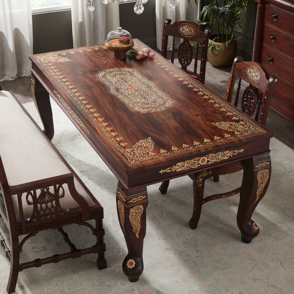 Rajwada Handcrafted Inlay 6 / 7 Seater Dining Table - Ornate Floral Marquetry