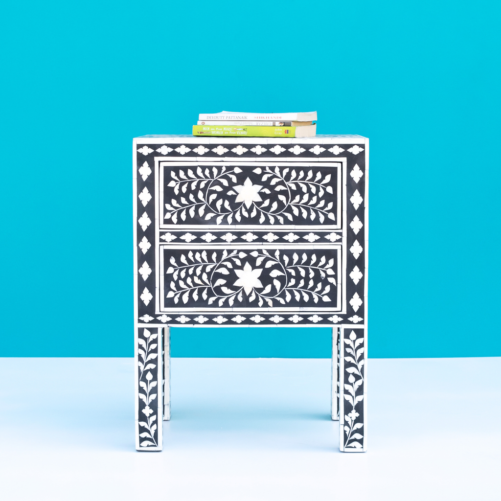 Heritage Black Bone Inlay Bedside Chest with 2 Drawers